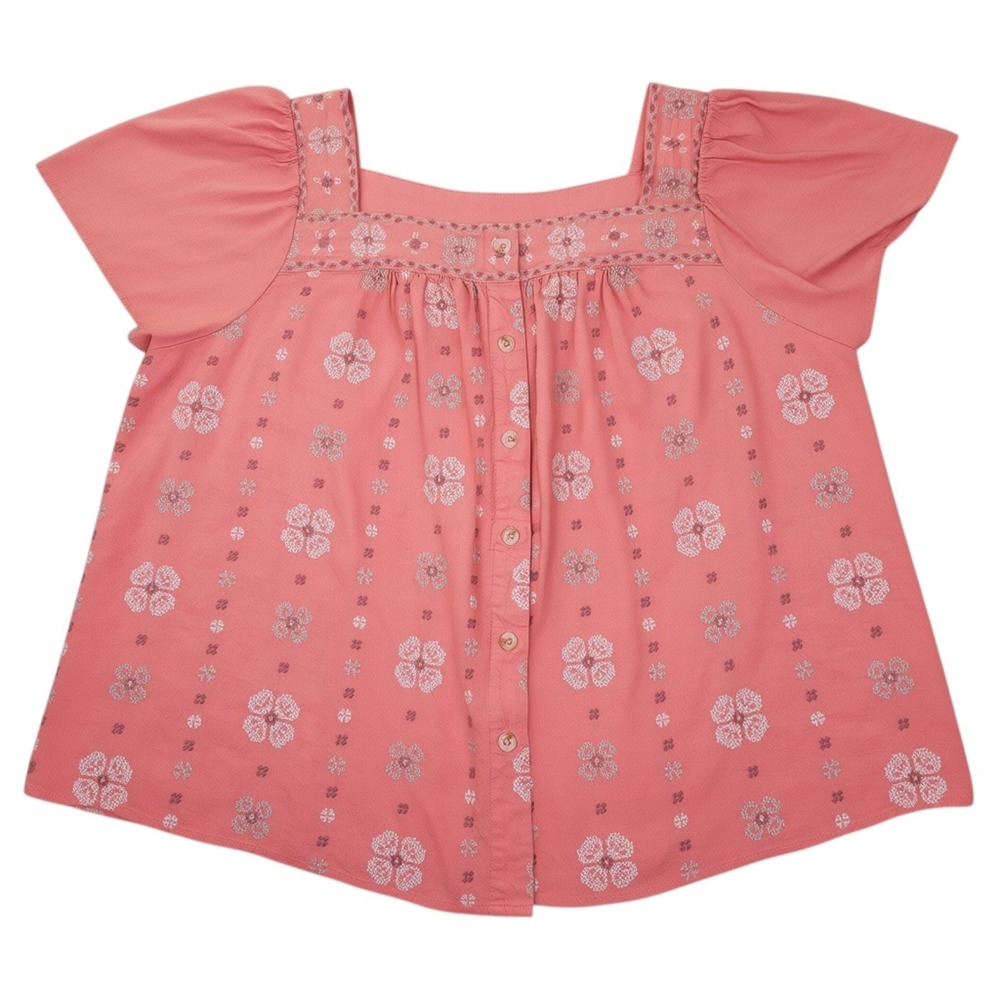 Torrid Shirt Womens 2 2X Pink Embroidered Linen Blend Floral Flutter Sleeve Top